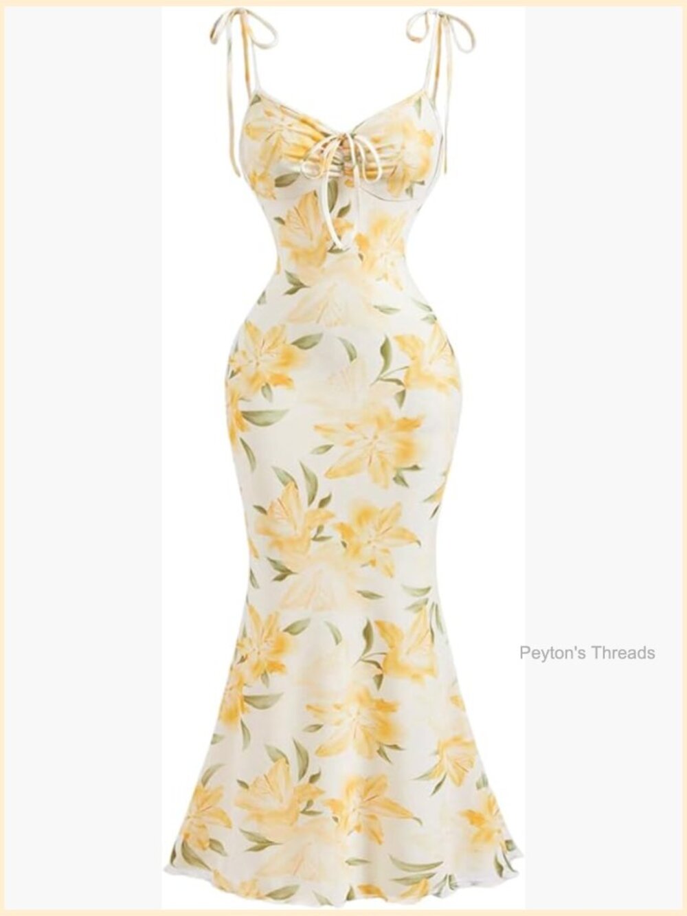 Floral Mesh Mermaid Cami Dress with Tie Knot Ruched Bust Fishtail Maxi Dress